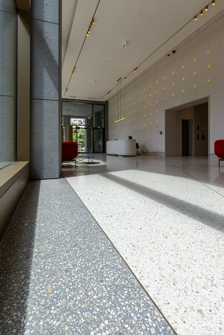 white and grey terrazzo accents